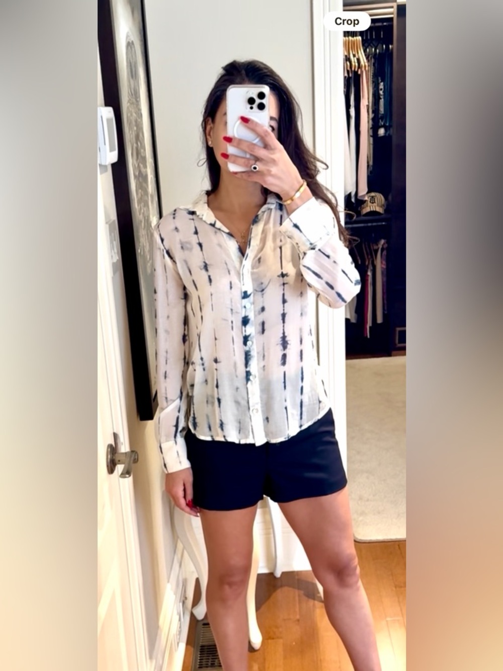 NWT❗️Bella Dahl White Sheer Button-Down with Black Tie-Dye Stripes